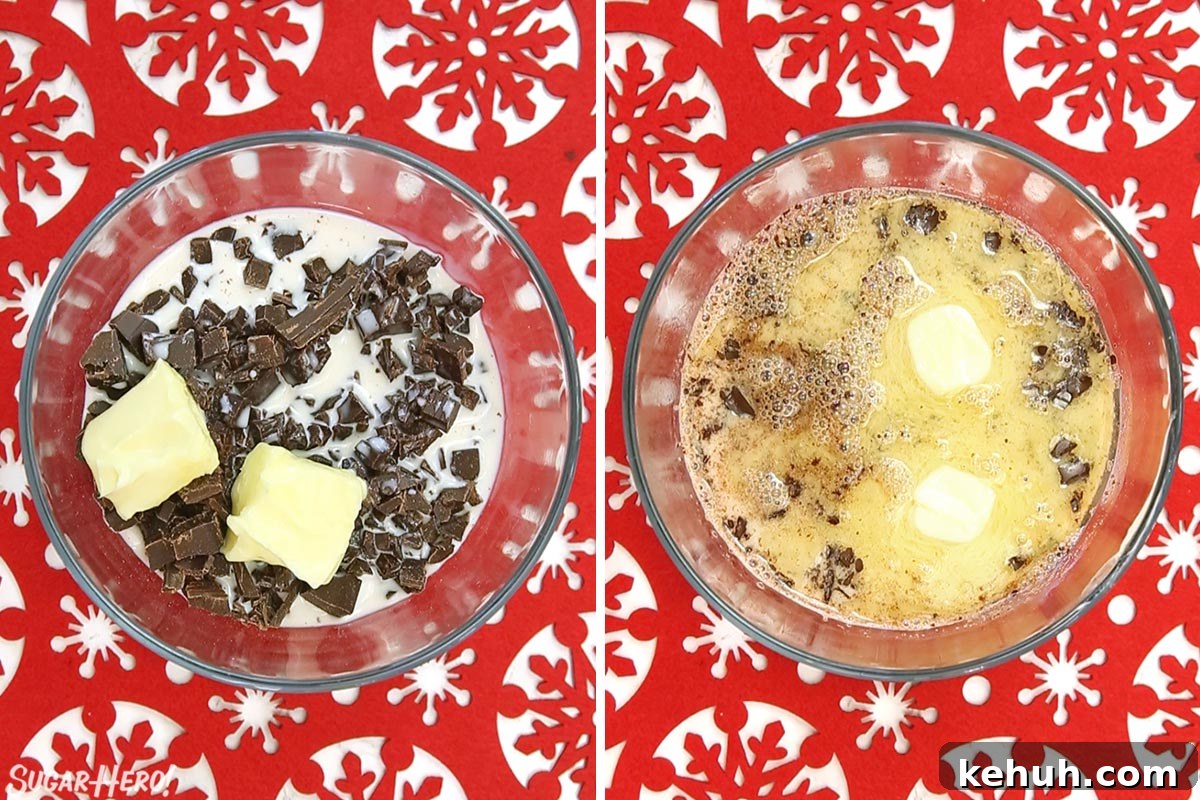 Two-photo collage showing how to make ganache for Peppermint Lava Cakes.