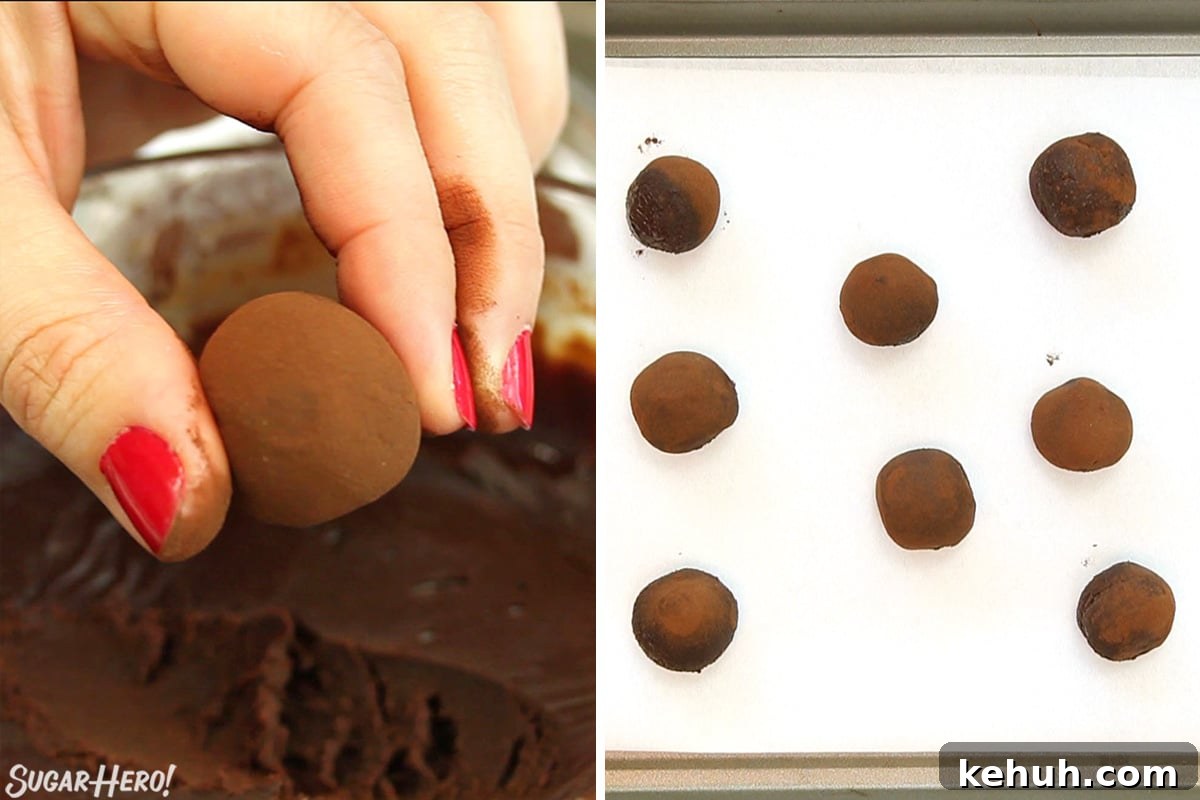 Two-photo collage showing how scoop and roll truffles to for Peppermint Lava Cakes.