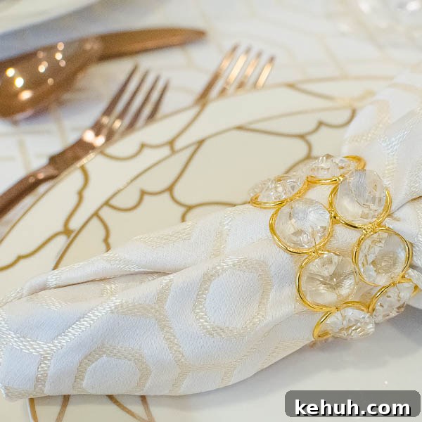 Mixing metals is BIG this year, and I love the shimmer of the napkin rings with the coppery flatware!