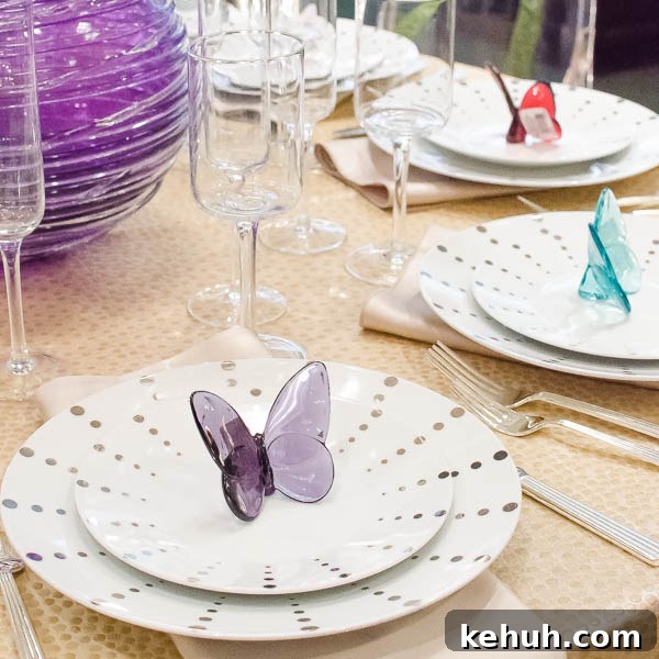 The polka dot pattern is repeated in the linens for a very cohesive look. Stained-Glass butterflies make a lovely party favor!