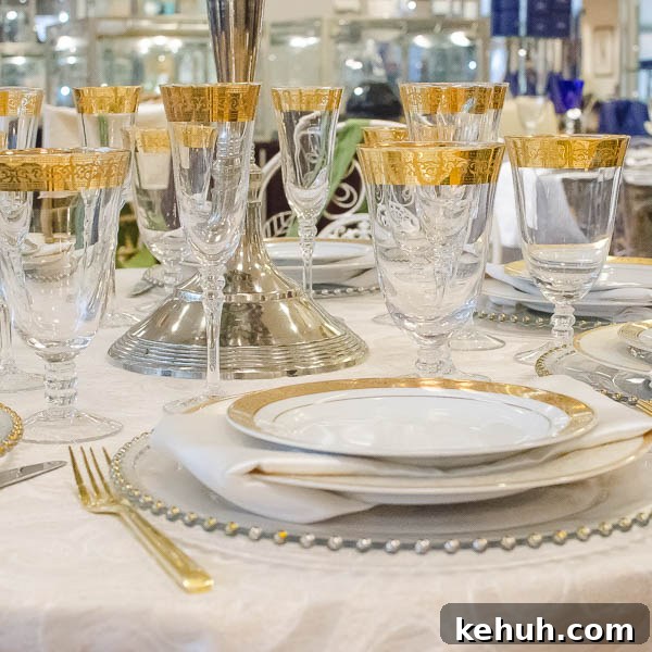 Gild the lily with this table setting of gold trimmed china, crystal and flatware!