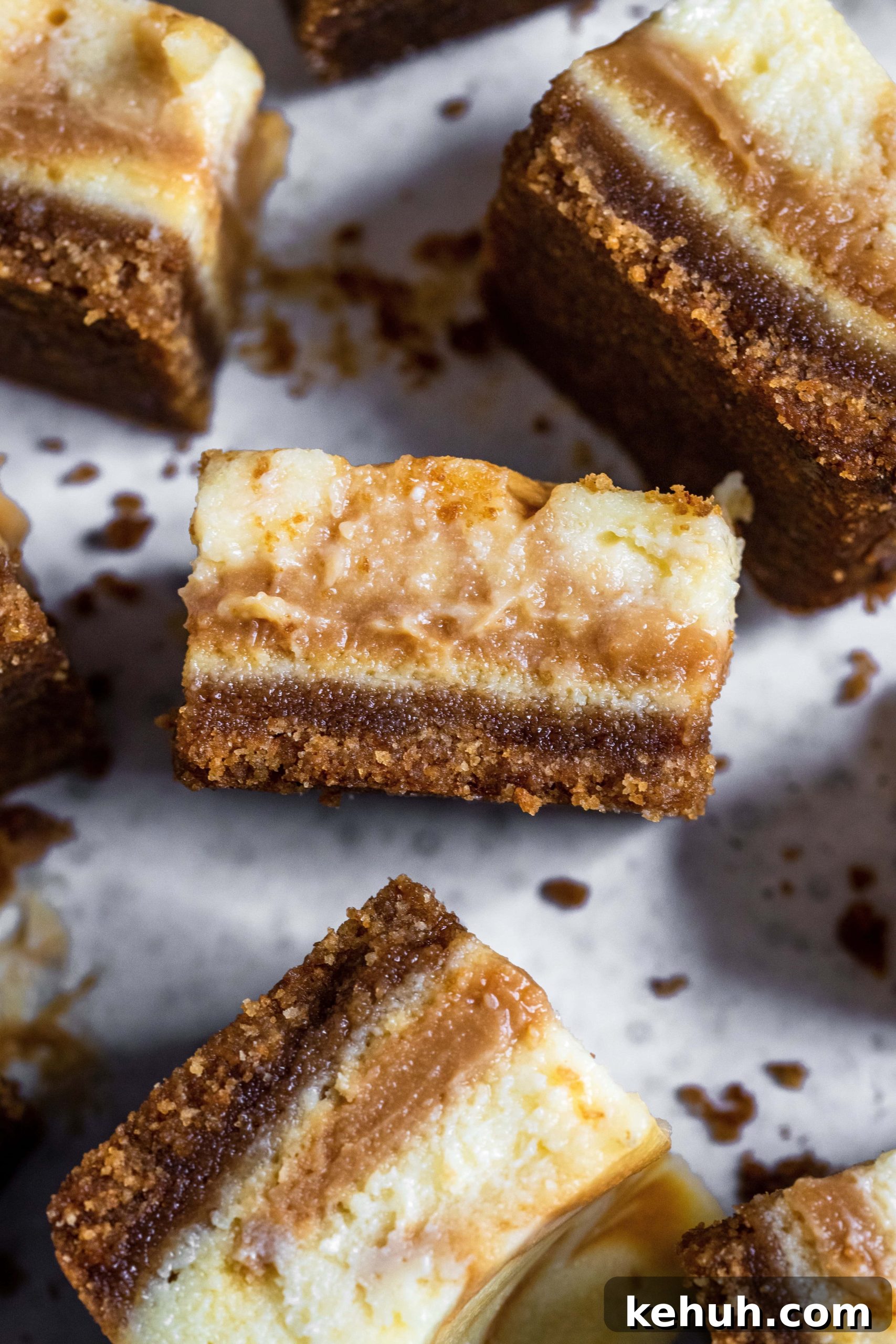 Salted Caramel Swirl Cheesecake Bars Recipe for Parties 11 Close up salted caramel cheesecake bar on side