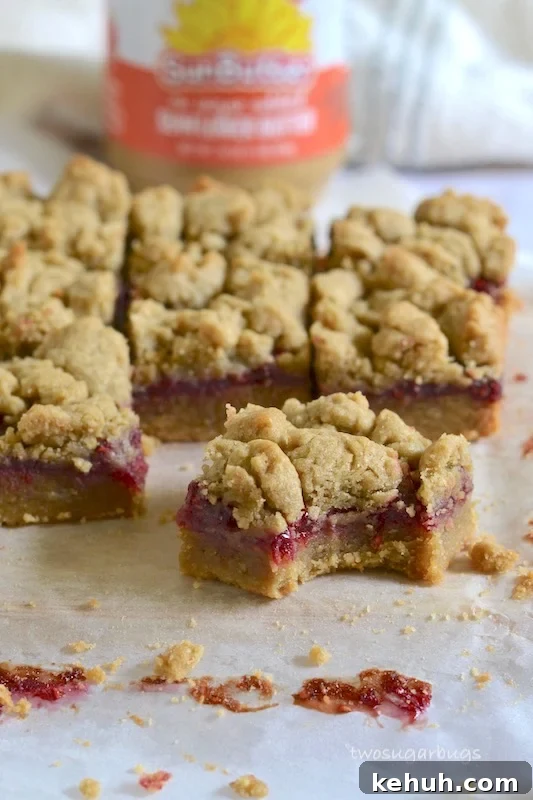 Sunbutter and Jelly Bars Recipe — No-Bake Snack Squares 4 Cookie bar showing a bite missing