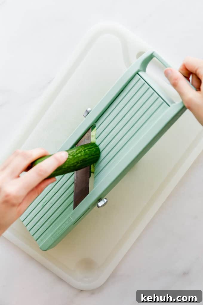 Quick Asian Cucumber Salad Ready in 10 Minutes 4 a hand slicing cucumber with a madolin