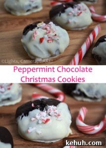 Peppermint Chocolate Christmas Cookies. Chocolate mint cookies with crushed candy canes and white chocolate chips. Dipped in white chocolate and topped with more candy canes! #candycanecookies #peppermintcookies #christmasbaking