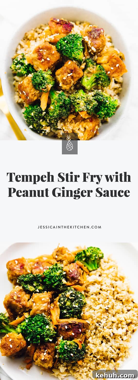 This Tempeh Stir Fry with Peanut Ginger Sauce is done in 35 minutes & perfect for a weeknight meal! A great meal prep option, and so delicious! 