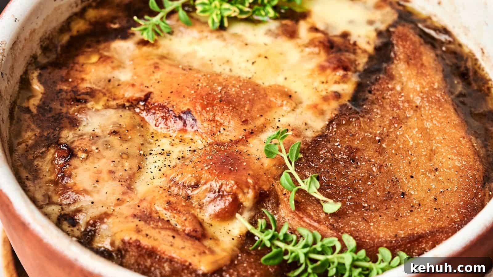 31 Homemade Thanksgiving Sides That Outshine Store-Bought 12 A savory dish of French Onion Soup, topped with melted cheese and garnished with sprigs of fresh thyme.