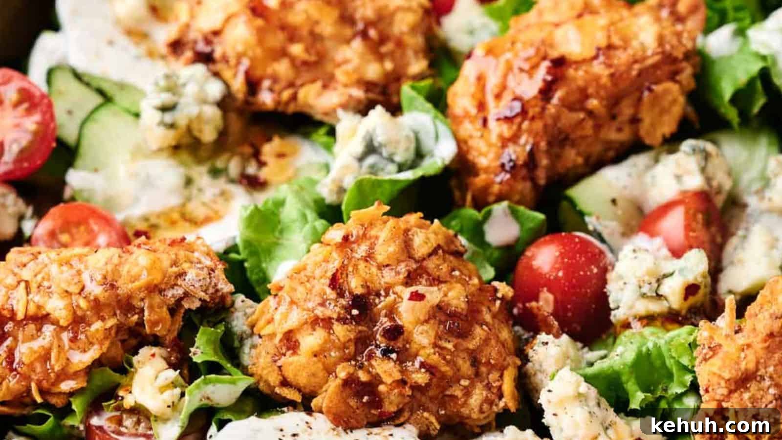 31 Homemade Thanksgiving Sides That Outshine Store-Bought 13 A honey hot chicken salad with succulent fried chicken pieces, cherry tomatoes, blue cheese crumbles, cucumber slices, and mixed greens, all topped with a creamy dressing.