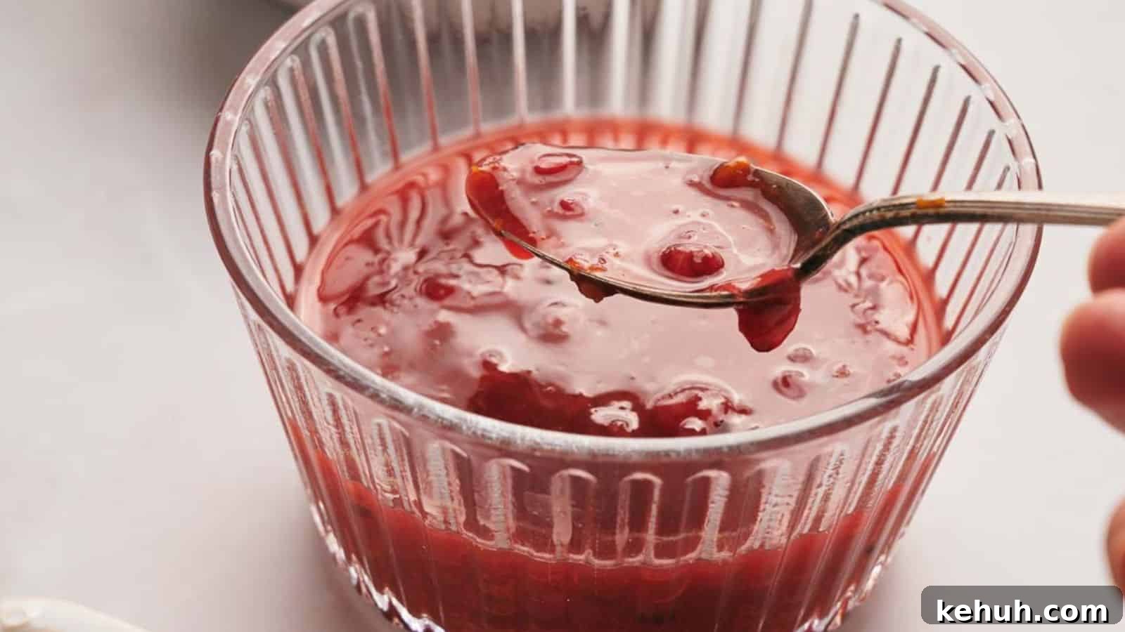 31 Homemade Thanksgiving Sides That Outshine Store-Bought 14 Someone spooning out cranberry sauce from a glass bowl.