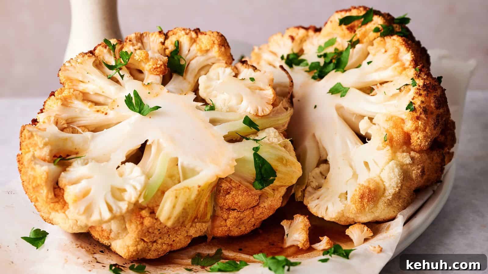 31 Homemade Thanksgiving Sides That Outshine Store-Bought 18 Roasted cauliflower head cut in half, garnished with chopped parsley, on a white plate.