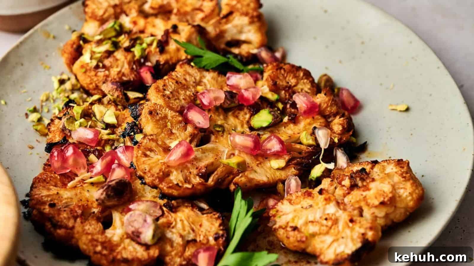31 Homemade Thanksgiving Sides That Outshine Store-Bought 23 Cauliflower steaks with pomegranate and pistachios on a plate.