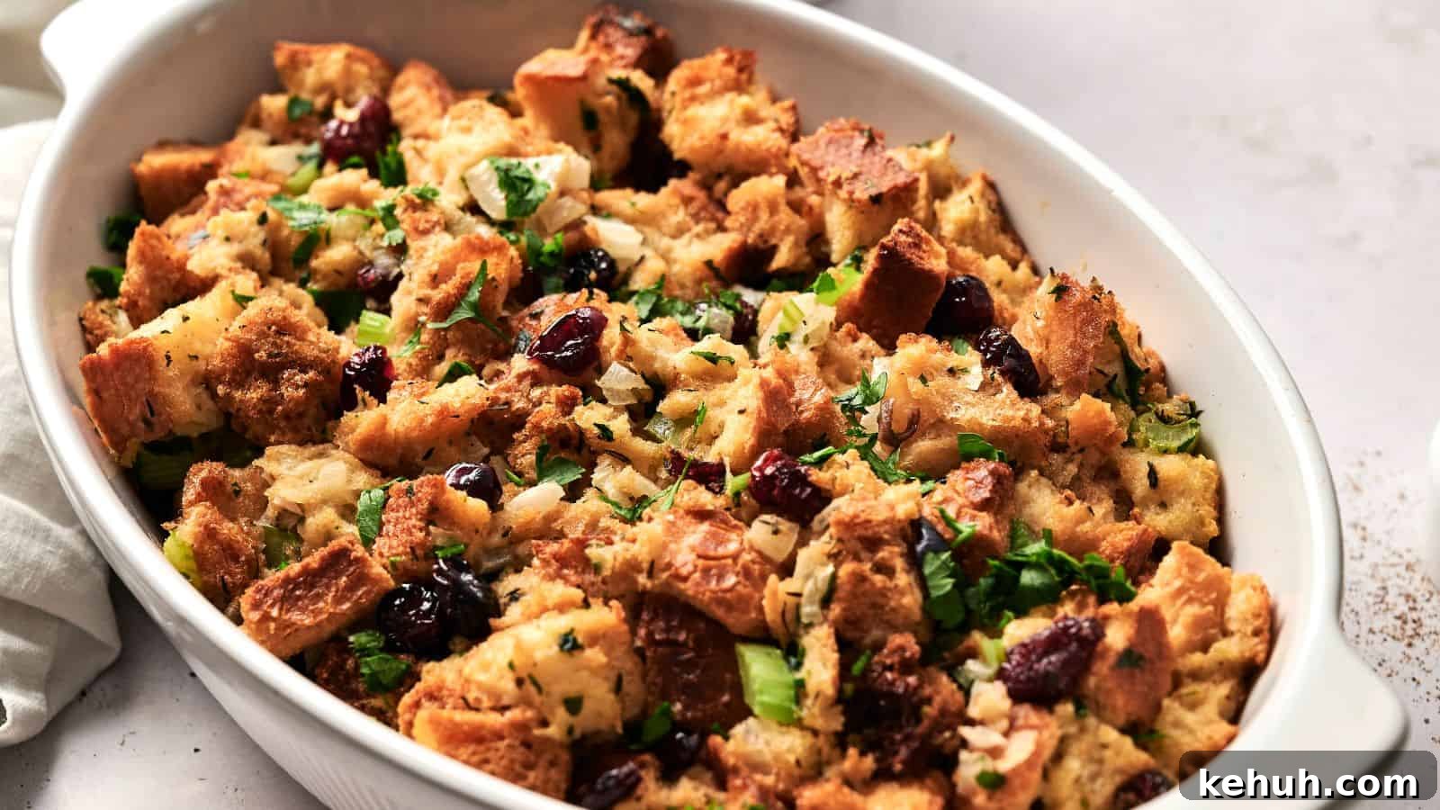 31 Homemade Thanksgiving Sides That Outshine Store-Bought 24 A close-up of a casserole dish filled with stuffing made of bread cubes, cranberries, chopped herbs, and celery.