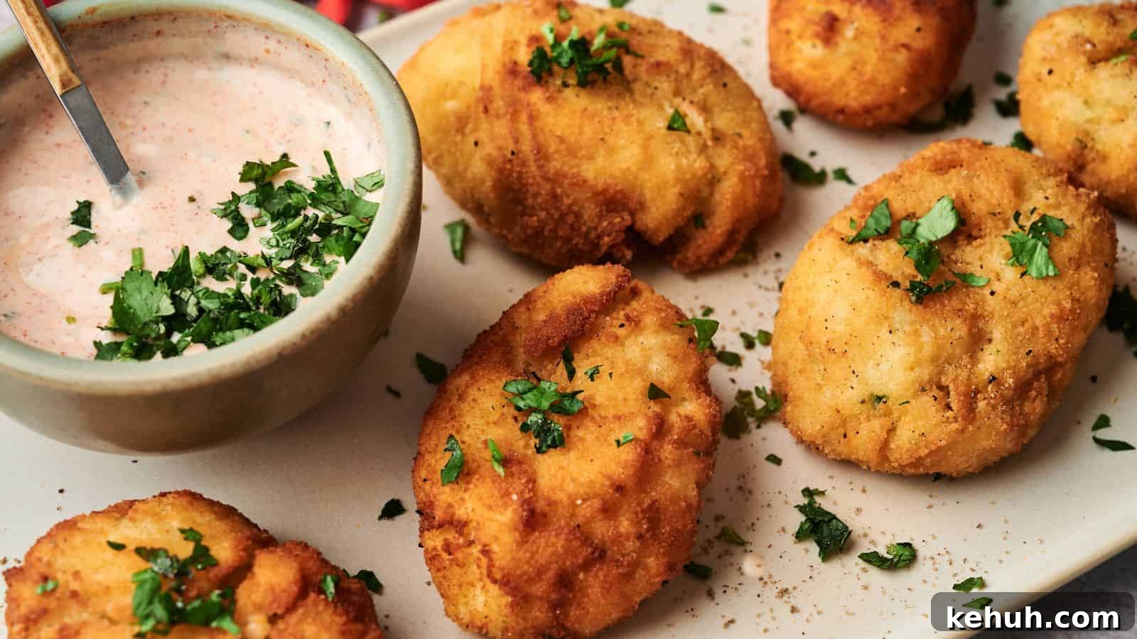 31 Homemade Thanksgiving Sides That Outshine Store-Bought 27 Breaded and fried patties garnished with chopped parsley are arranged on a plate next to a bowl of creamy dipping sauce with herbs.