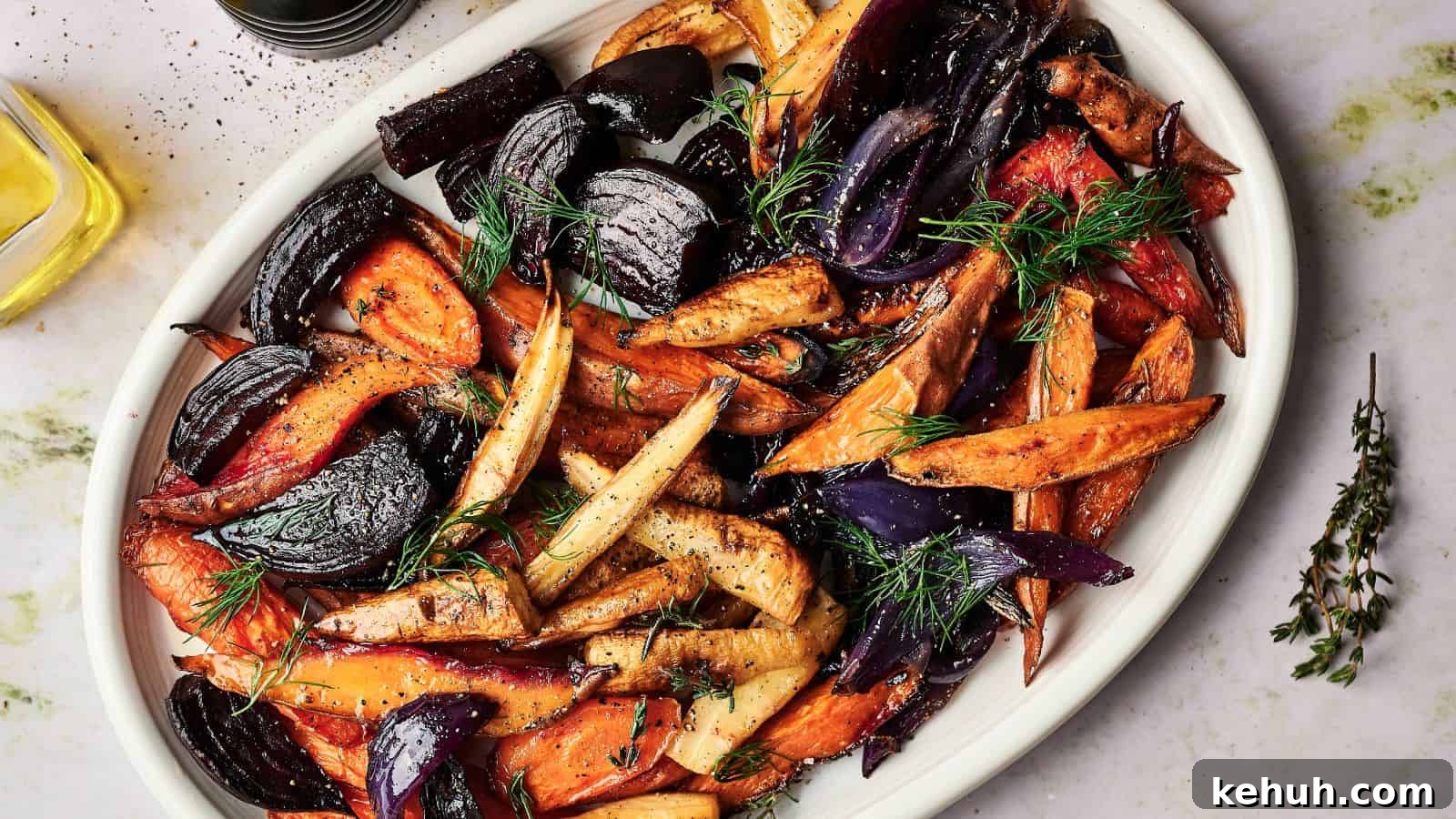 31 Homemade Thanksgiving Sides That Outshine Store-Bought 30 A white dish with roasted root vegetables, including carrots, parsnips, red onions, and sweet potatoes, garnished with fresh dill and thyme.