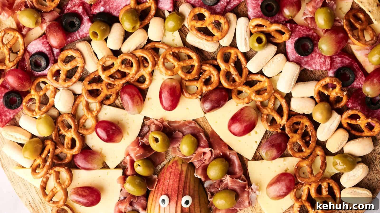 31 Homemade Thanksgiving Sides That Outshine Store-Bought 6 A turkey charcuterie board features a playful face design with sliced meats, cheeses, pretzels, grapes, olives, breadsticks, and two candy eyes on an apple.