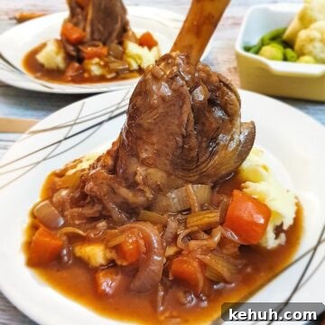 A lamb shank on a pile of mashed potatoes covered with red wine gravy and vegetables.