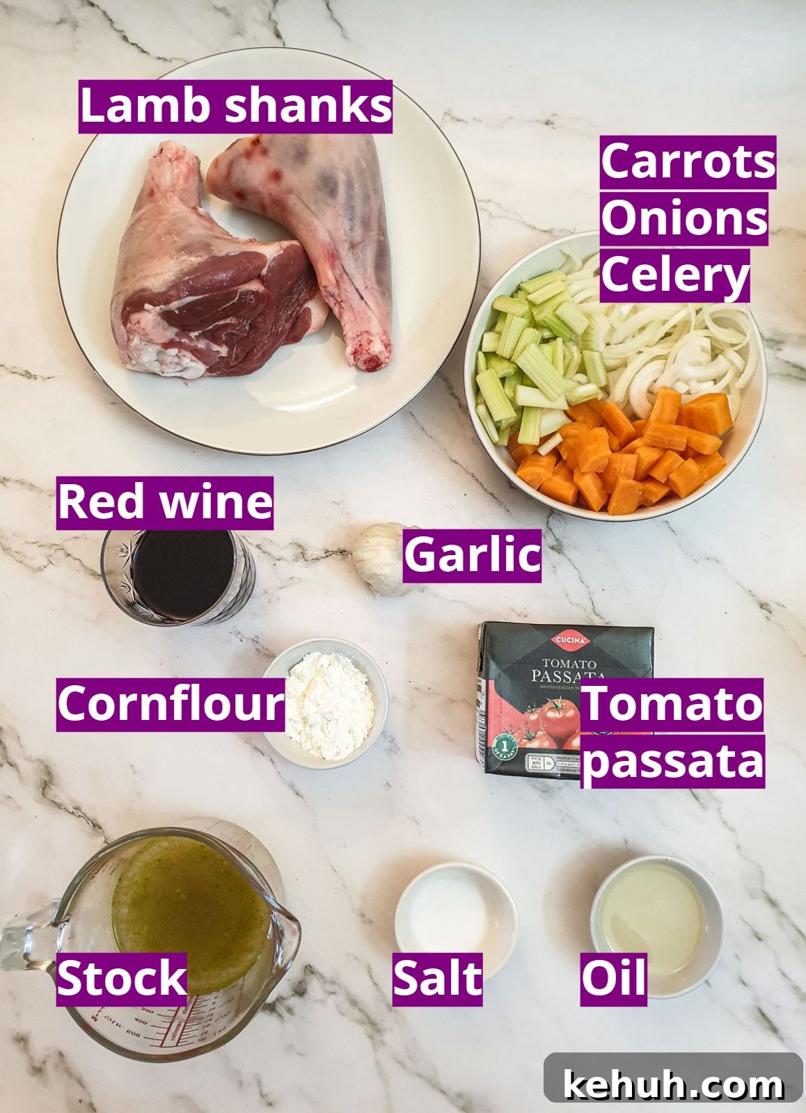Ingredients for lamb shanks in red wine gravy.
