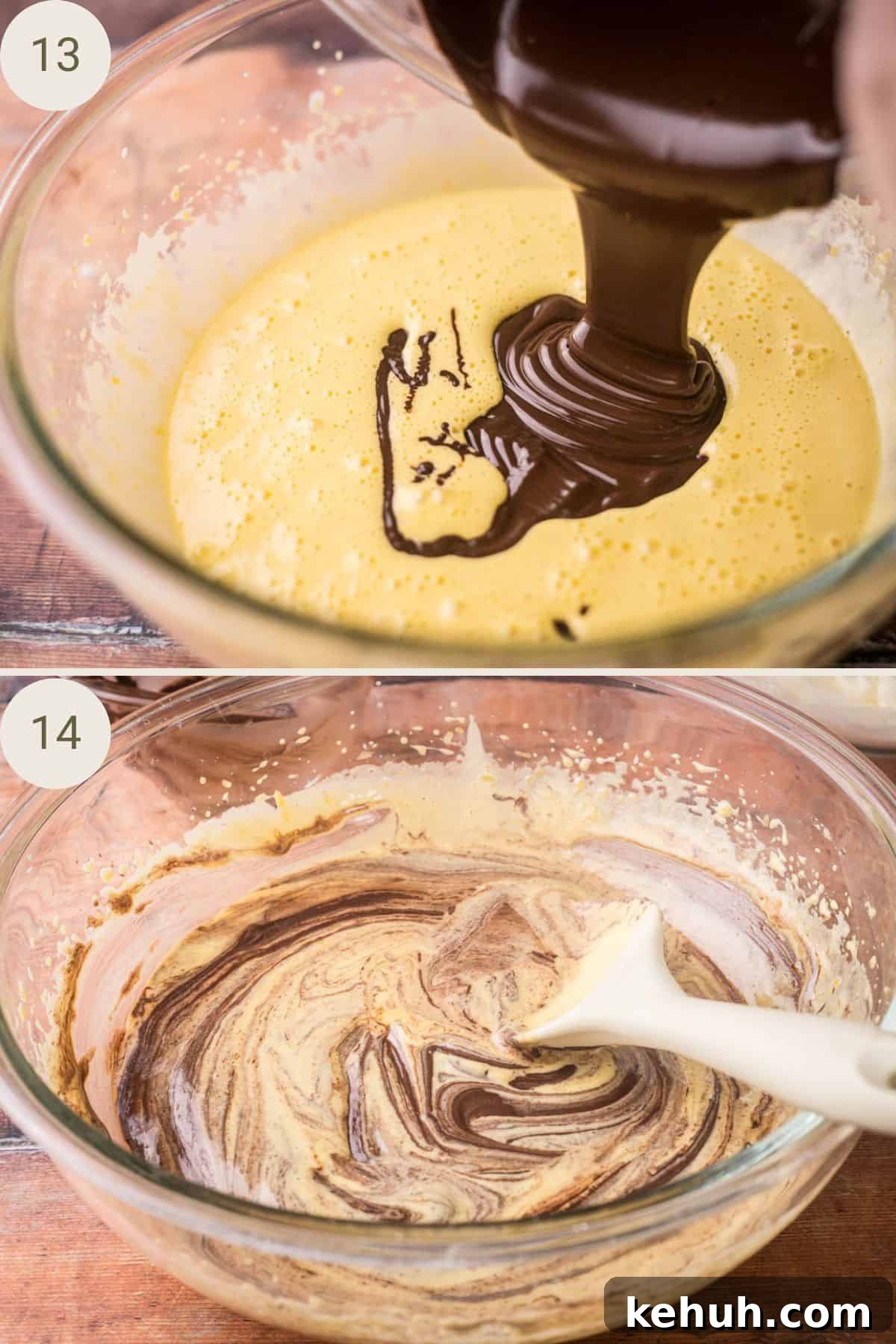Olive Oil Chocolate Cake (Flourless, Rich & Decadent) 11 Melted chocolate poured into the egg and sugar mixture.