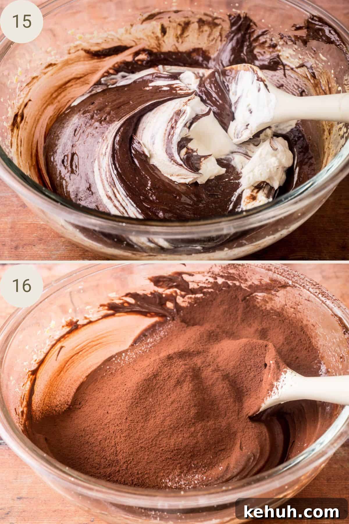 Olive Oil Chocolate Cake (Flourless, Rich & Decadent) 12 Whipped cream folded into chocolate cake batter. Cocoa powder sifted on top.