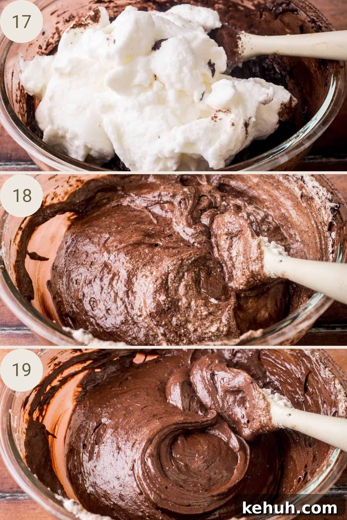 Olive Oil Chocolate Cake (Flourless, Rich & Decadent) 13 Egg whites folding into chocolate cake batter until smooth.