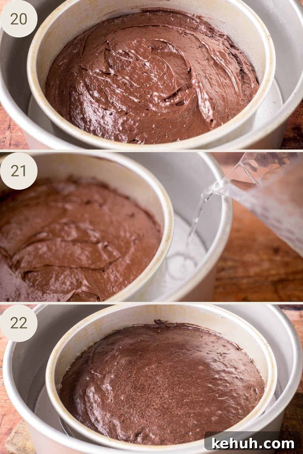 Olive Oil Chocolate Cake (Flourless, Rich & Decadent) 14 Chocolate cake batter in a small pan placed inside a larger pan. Water pouring into larger pan. Cake baked.