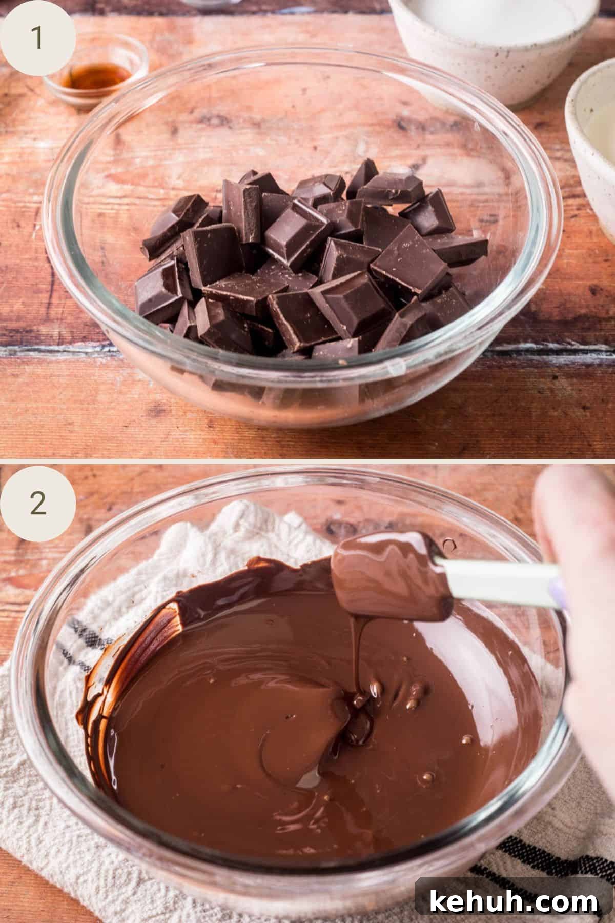 Olive Oil Chocolate Cake (Flourless, Rich & Decadent) 6 Chocolate in glass bowl then melted.