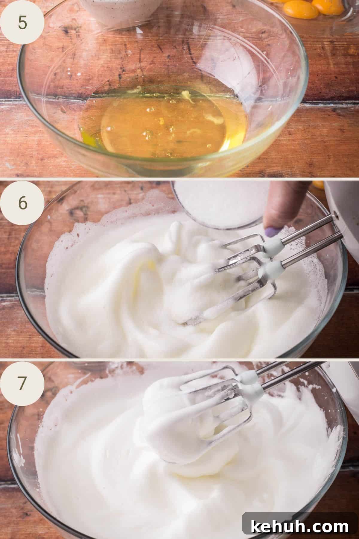 Olive Oil Chocolate Cake (Flourless, Rich & Decadent) 8 Egg whites in a bowl, whipped until stiff peaks, sugar gradually added in.