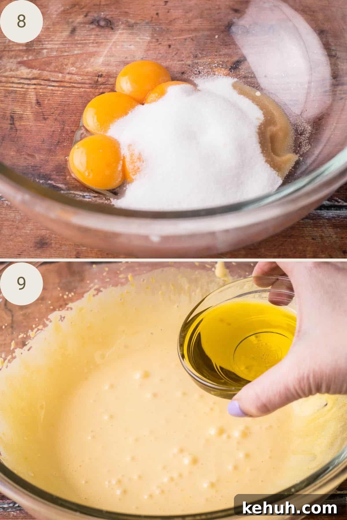 Olive Oil Chocolate Cake (Flourless, Rich & Decadent) 9 Egg yolks, sugar and vanilla in a bowl, whipped until pale and creamy, olive oil poured in.