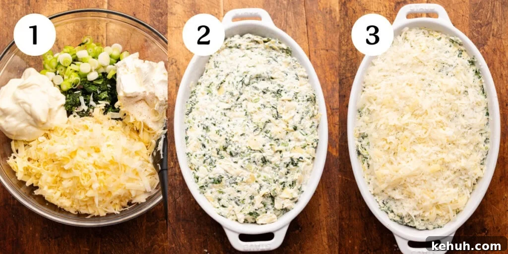 A collage of three photos showing how to make baked spinach artichoke dip. The first photo, step one, is all the ingredients in a clear glass bowl on a wooden background. The second photo, step two, is a white oval dish with the artichoke dip in it unbaked. The third photo, step three, is the same baking dish now with freshly grated cheese sprinkled on top before it's baked.