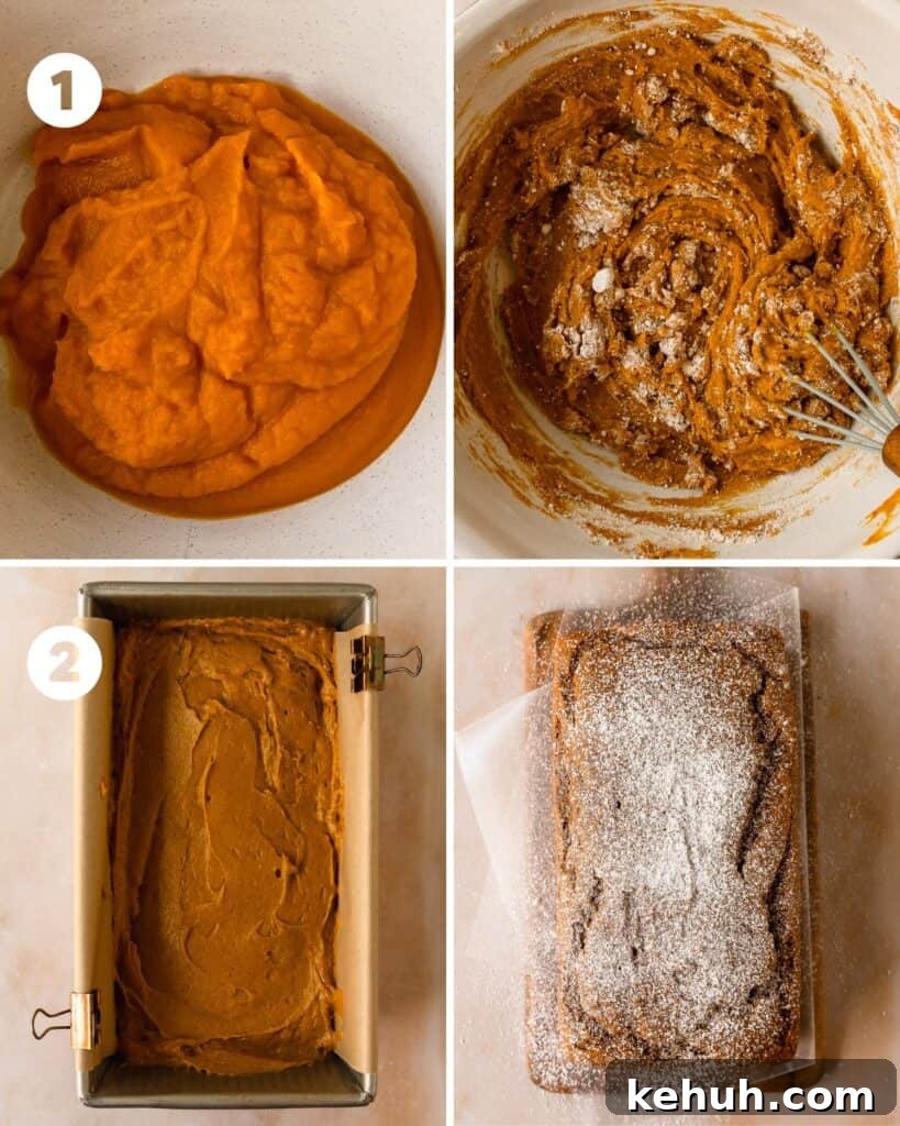 Preheat the oven to 350 F (170 C). Line a 9 x 5 loaf pan with parchment paper, leaving a bit of overhang on two sides. In a large bowl, add a full can of pumpkin puree. Whisk the dry spice cake ingredients into the pumpkin puree until mostly smooth. A few small lumps are fine. 
Pour the pumpkin cake mix batter into the prepared loaf pan. Bake the easy cake mix pumpkin loaf for 45 - 50 minutes or until a toothpick inserted into the center of the loaf comes out with a few moist crumbs. The edges of the bread will also pull slightly away from the edges of the pan. Cool the pumpkin cake mix bread in the loaf pan for 15 minutes. Use the parchment sling to lift the bread out of the pan. All the pumpkin bread to full cool at room temperature for about an hour before slicing. If you like, dust with powdered sugar or top with a quick and easy maple glaze.