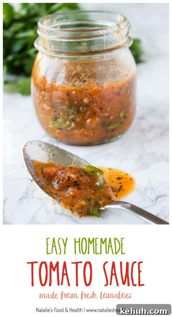 Homemade Tomato Sauce Recipe: Simple Classic Marinara for Pasta 6 Delicious and rich in flavor, infused with fresh herbs, this easy homemade tomato sauce is made from fresh tomatoes in just 15 minutes. Use it as tomato base on a pizza, as a pasta sauce, or serve alongside meat. It's quick, fresh, fragrant and sweet, but without added sugars. CLIK to read more, or PIN for later!