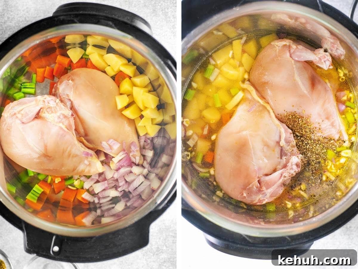 veggies and chicken in the pot, broth and seasonings added.