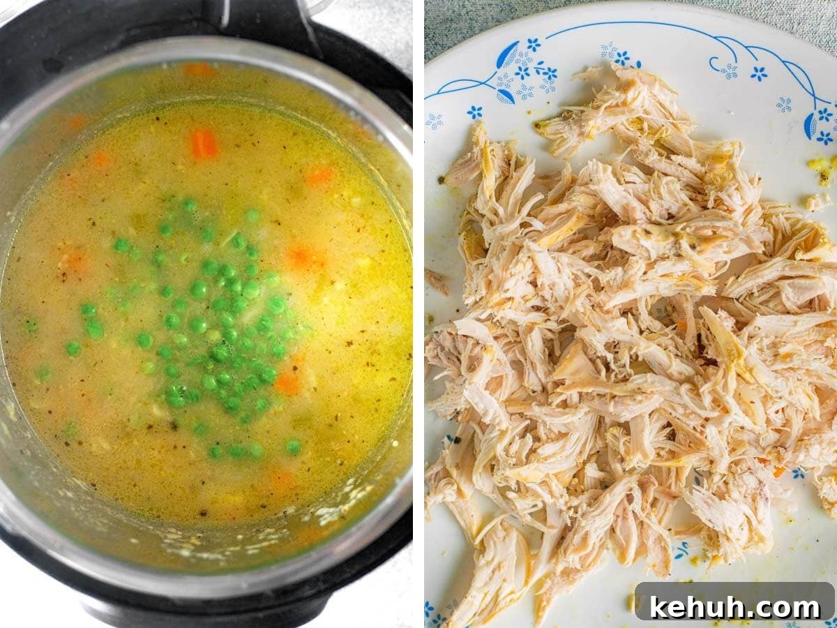 Instant Pot Chicken Pot Pie Soup Recipe — Cozy One-Pot Meal 7 peas added to soup, chicken shredded on plate.