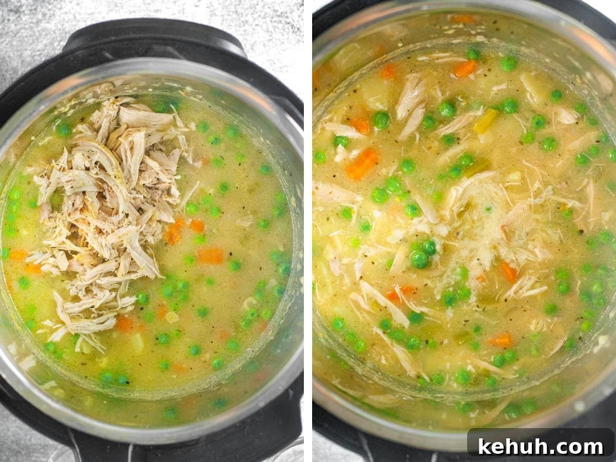 Instant Pot Chicken Pot Pie Soup Recipe — Cozy One-Pot Meal 8 chicken added to the pot.