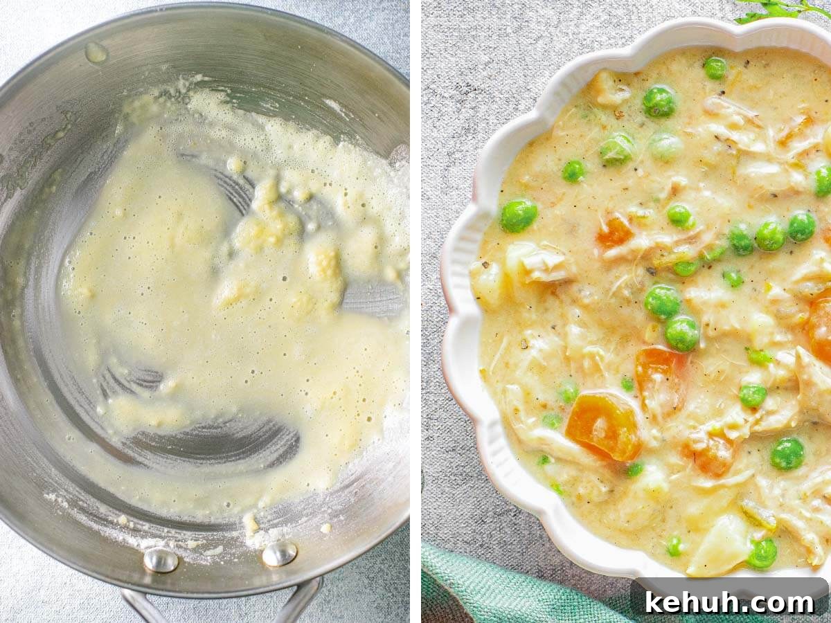 thickener in pan, thickened soup in white bowl.
