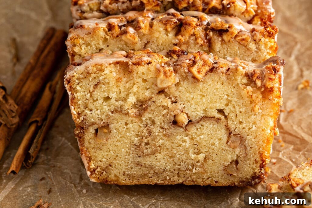 Cinnamon Apple Quick Bread Recipe for Moist, Spiced Loaves 9 Slices of apple bread with cinnamon sugar