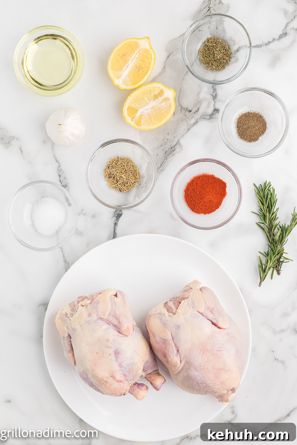 Smoked Cornish Hens Recipe: Juicy, Flavorful Whole Birds 3 Smoked Cornish Hens ingredients - Cornish Hens, oil, garlic, paprika, salt, pepper, thyme, rosemary, lemon