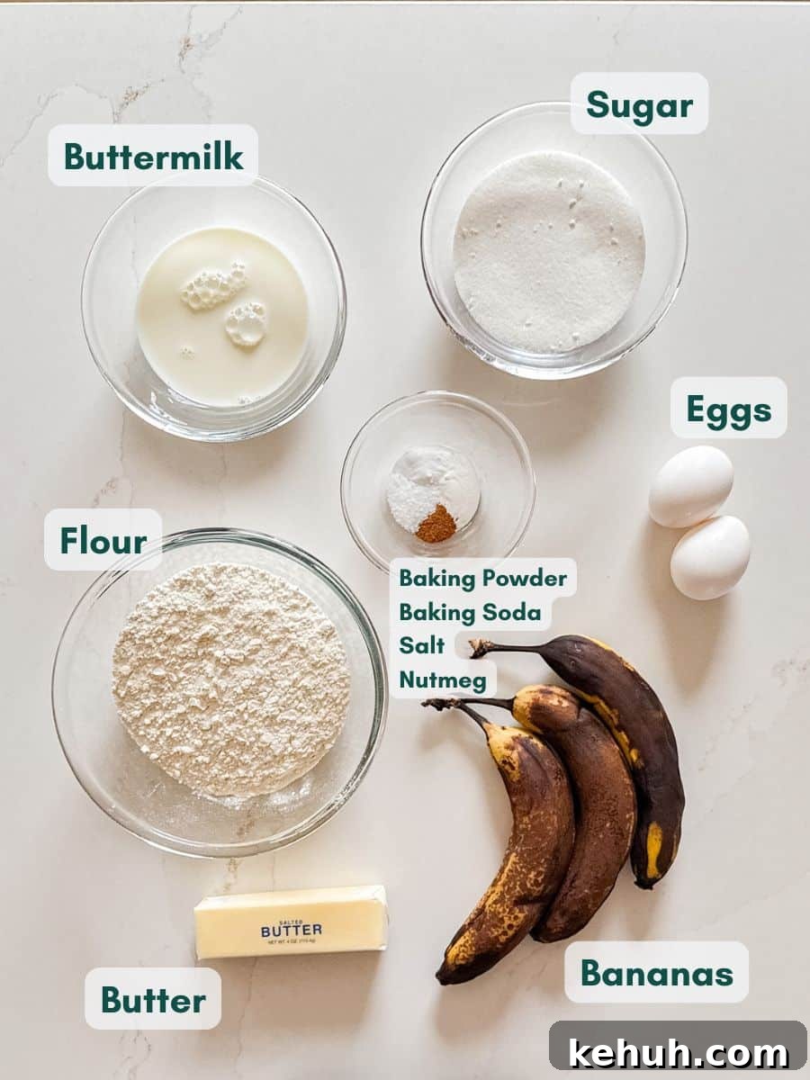 Moist Buttermilk Banana Bread with Brown Sugar Glaze 4 An overhead image of labeled recipe ingredients.