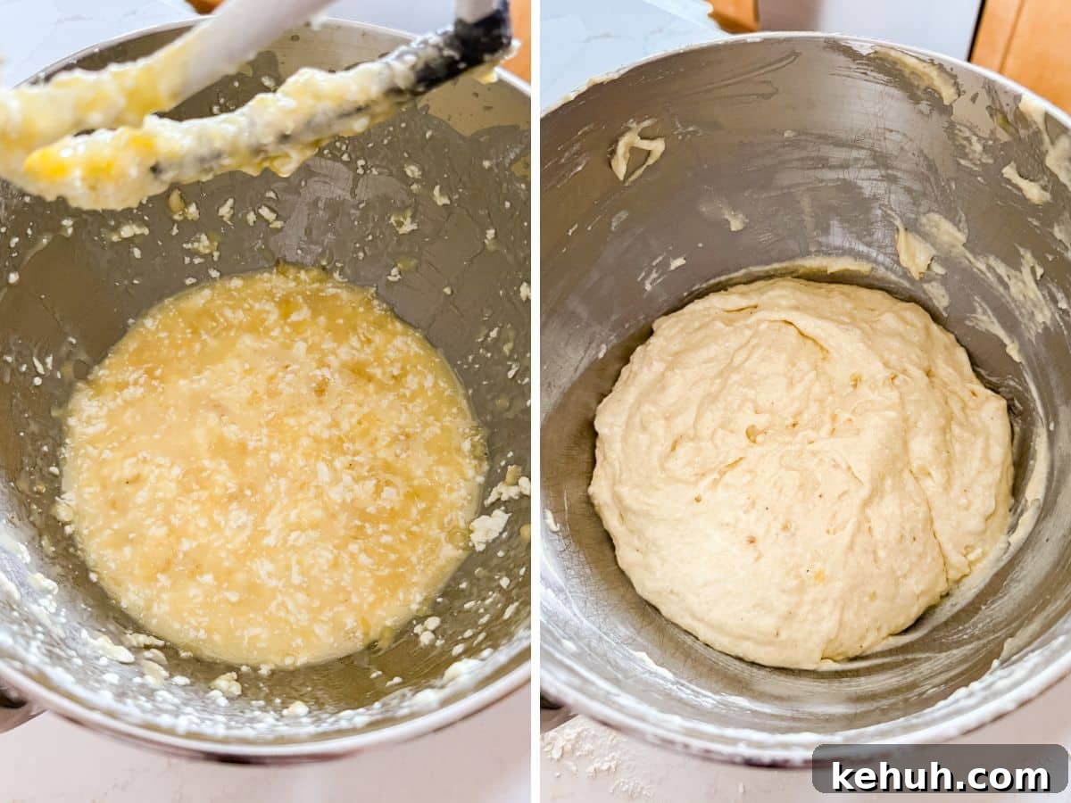 Moist Buttermilk Banana Bread with Brown Sugar Glaze 6 Wet ingredients mixed together in the mixing bowl and then the batter with the dry ingredients mixed in.