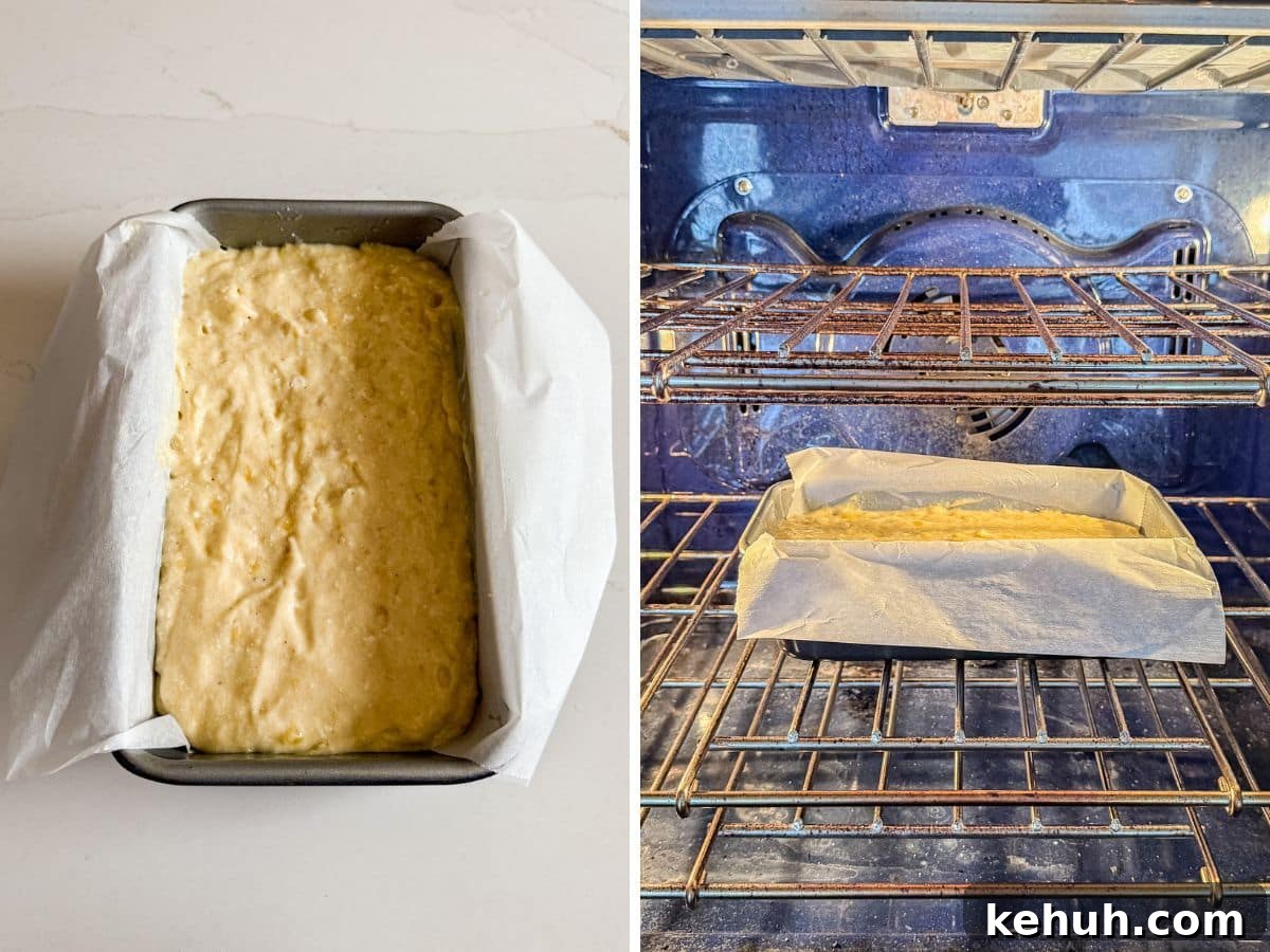 Moist Buttermilk Banana Bread with Brown Sugar Glaze 7 Batter poured into the prepared pan and the pan in the oven baking.