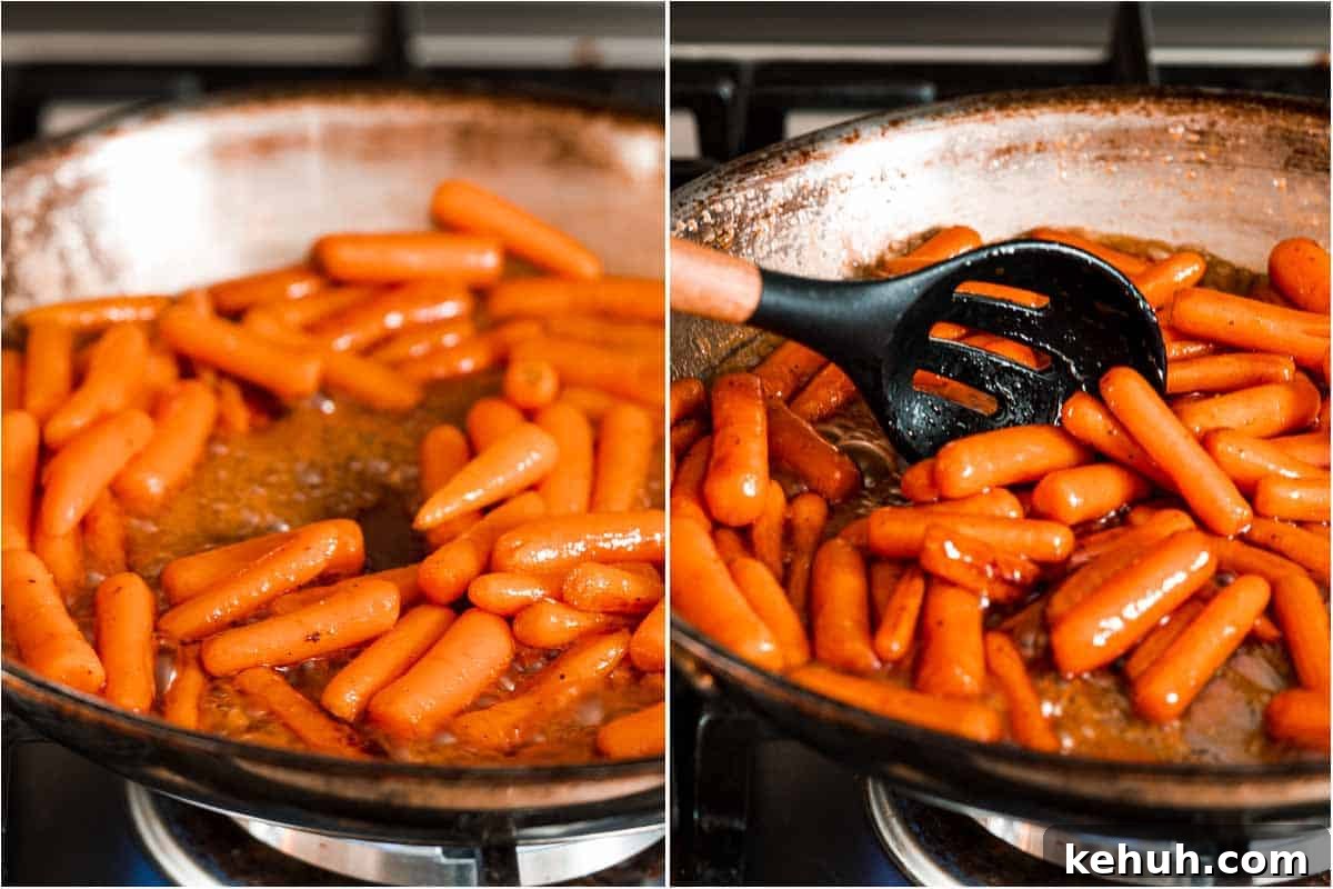 collage of carrots in pan before and after cooking
