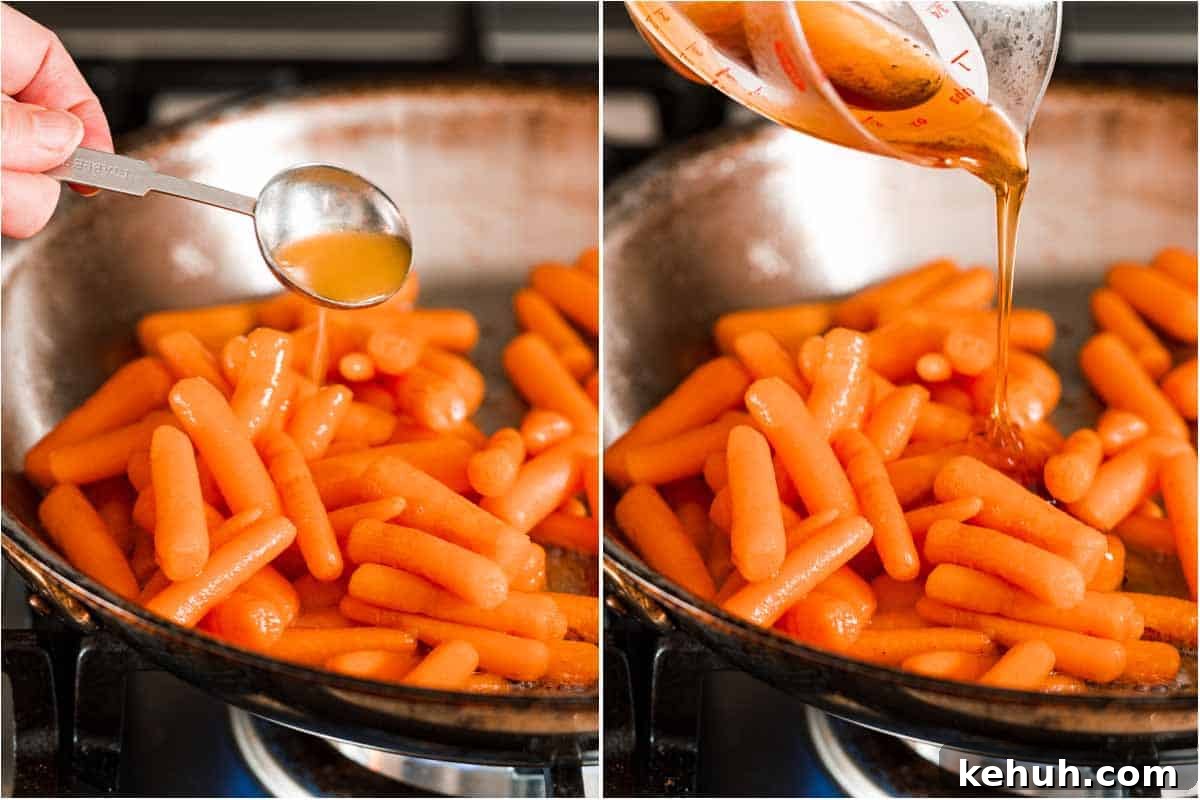 collage of pan of carrots with orange juice being added and honey being added