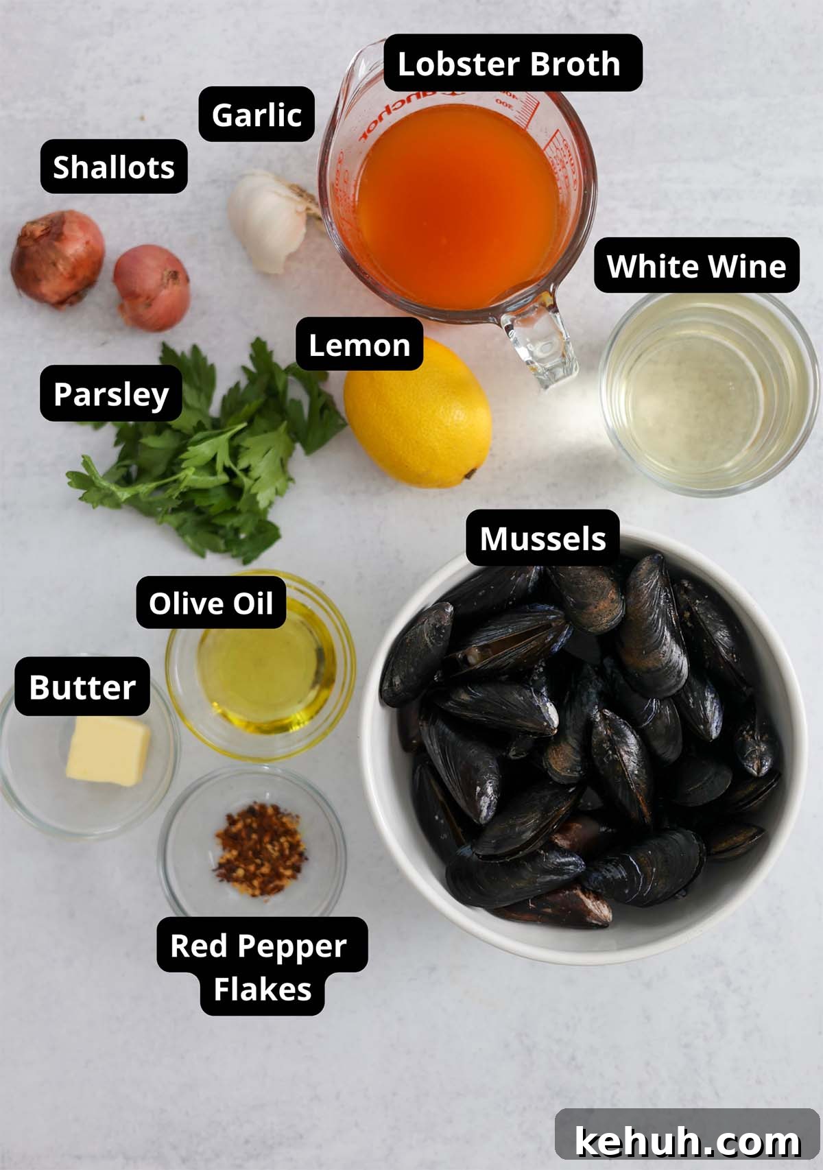 Mussels in Rich Lobster Broth: Savory Seafood Stew Recipe 3 labeled ingredients for mussels.