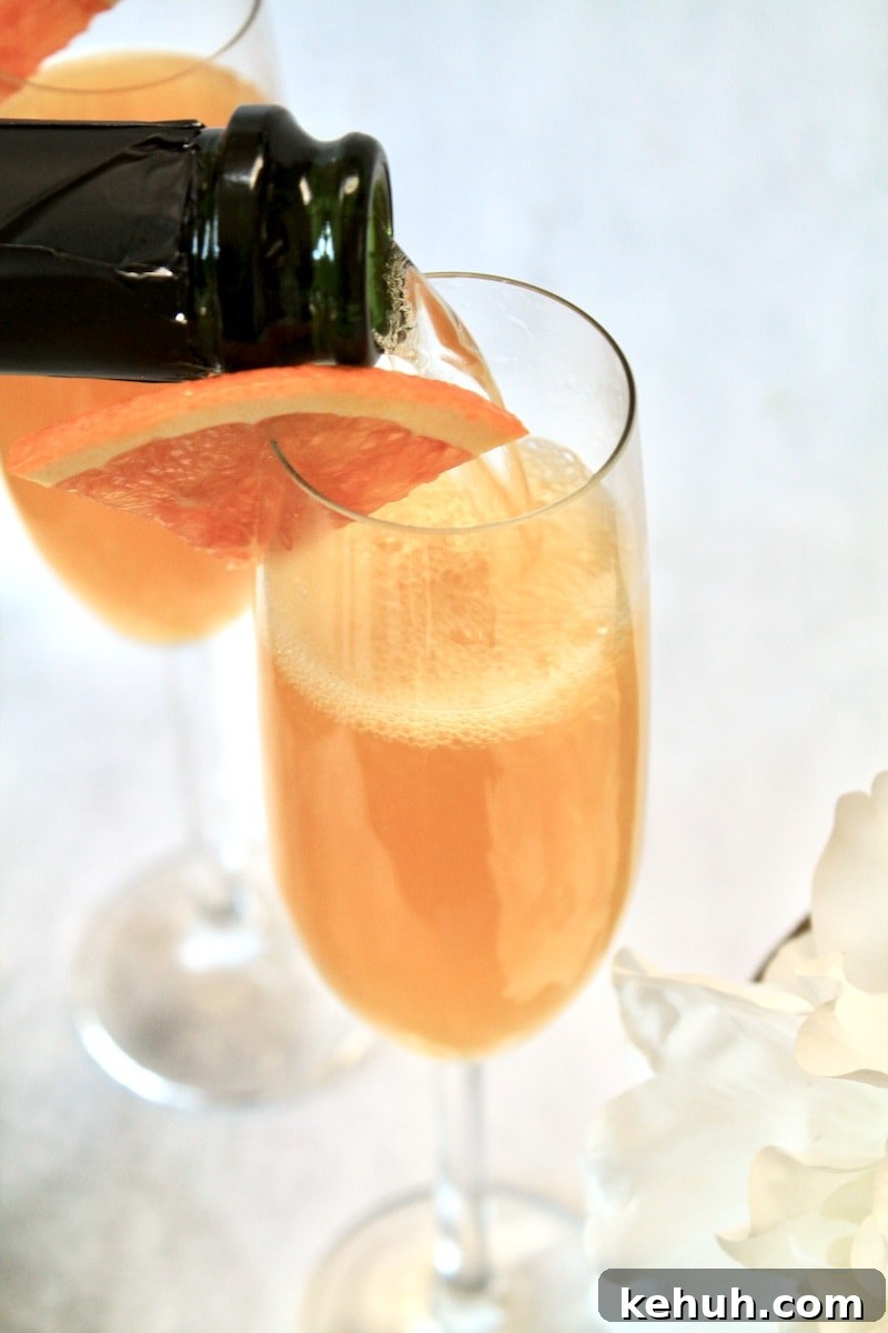 3-Ingredient Sunny Mango Mimosa for Bright Brunch Sipping 5 combine orange juice and mango juices in a champagne flute and top off with 2 ounces or so of chilled champagne or prosecco