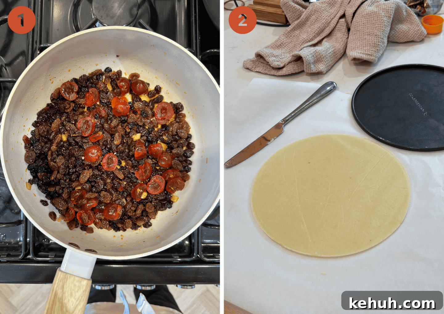 Gluten-Free Simnel Cake Recipe: Traditional Easter Fruit Cake 5 Warming the fruits in a pan and (right) cutting a disc of marzipan.