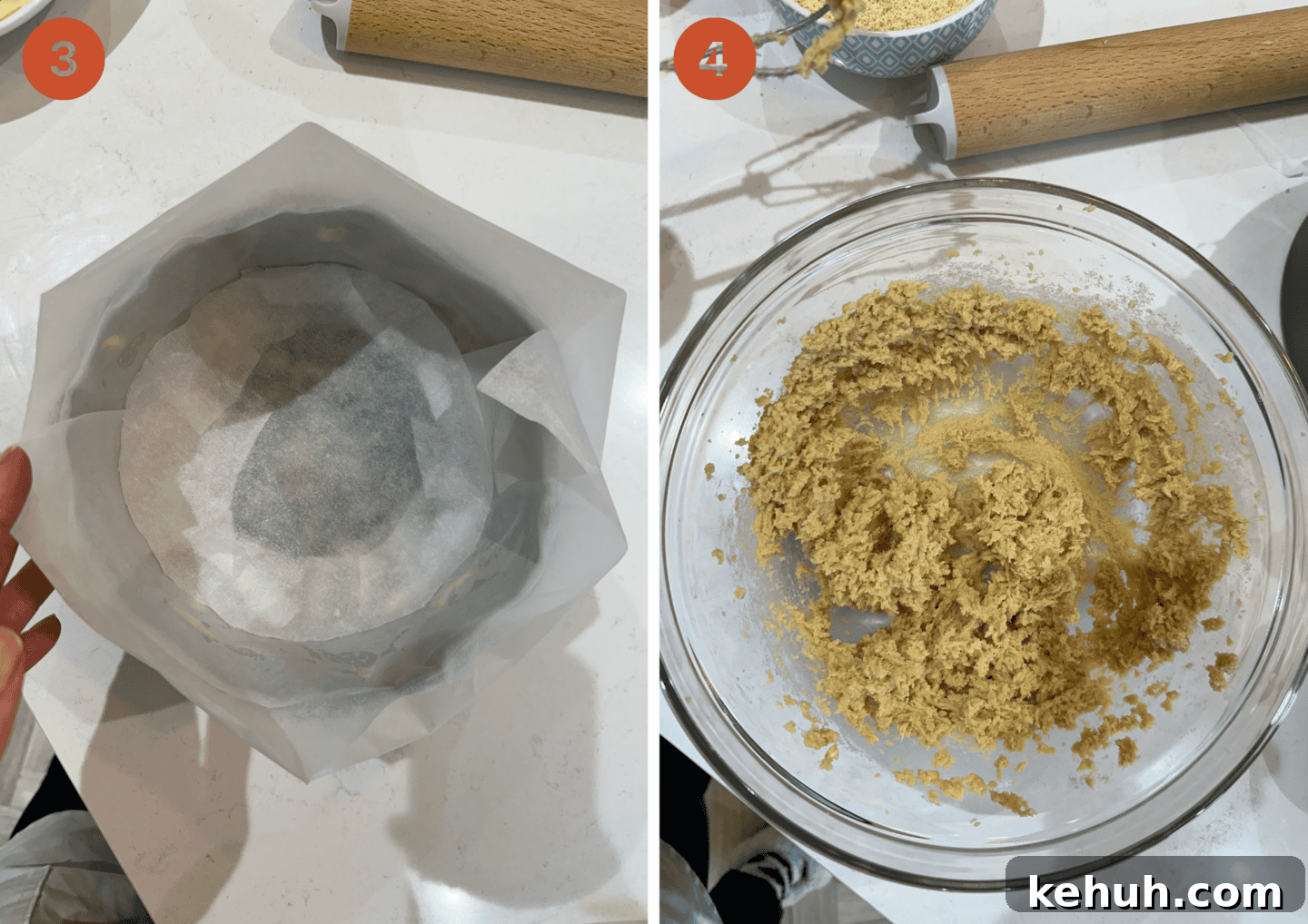 Gluten-Free Simnel Cake Recipe: Traditional Easter Fruit Cake 6 (Left) the double-lined, round cake tin and (right) the butter and brown sugar creamed together in a glass bowl.