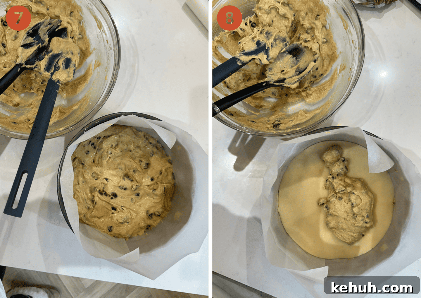 Gluten-Free Simnel Cake Recipe: Traditional Easter Fruit Cake 8 (Left) half the cake batter in the baking tin and (right) with the marzipan on top.