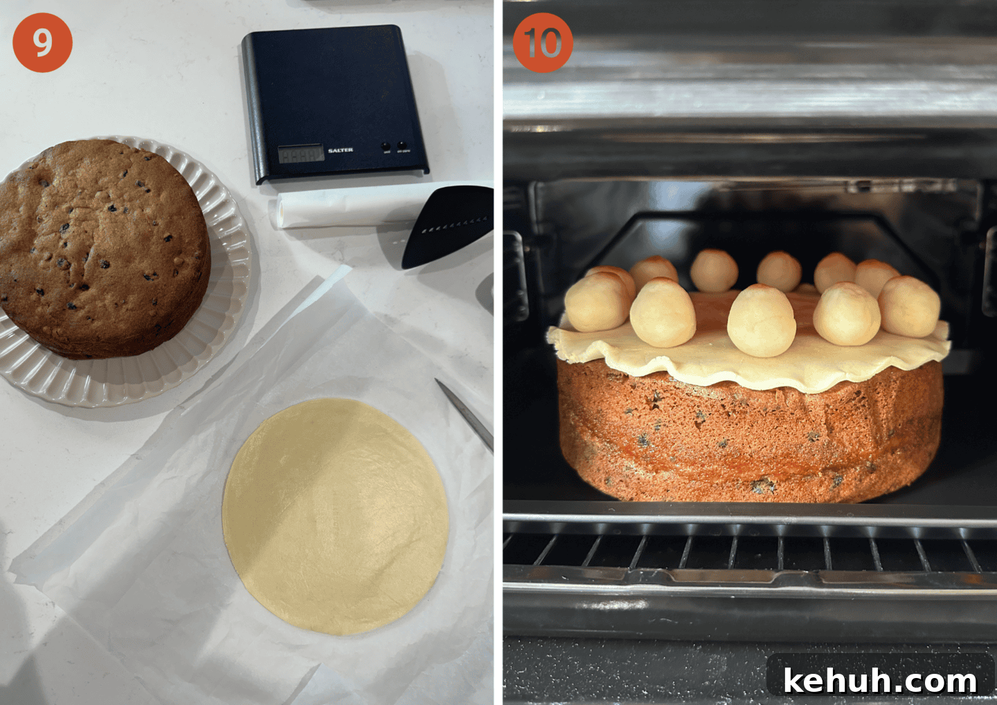 Gluten-Free Simnel Cake Recipe: Traditional Easter Fruit Cake 9 Cutting the marzipan out for the decoration and (right) grilling the cake to burnish the marzipan.