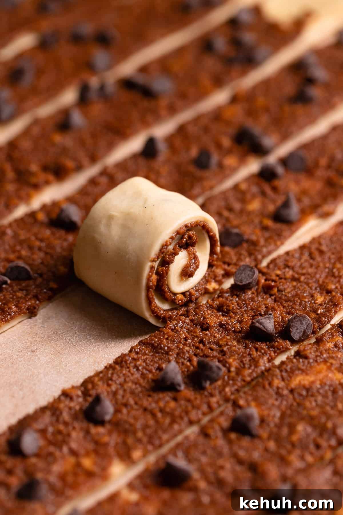 A strip of dough being rolled up into a cinnamon roll.