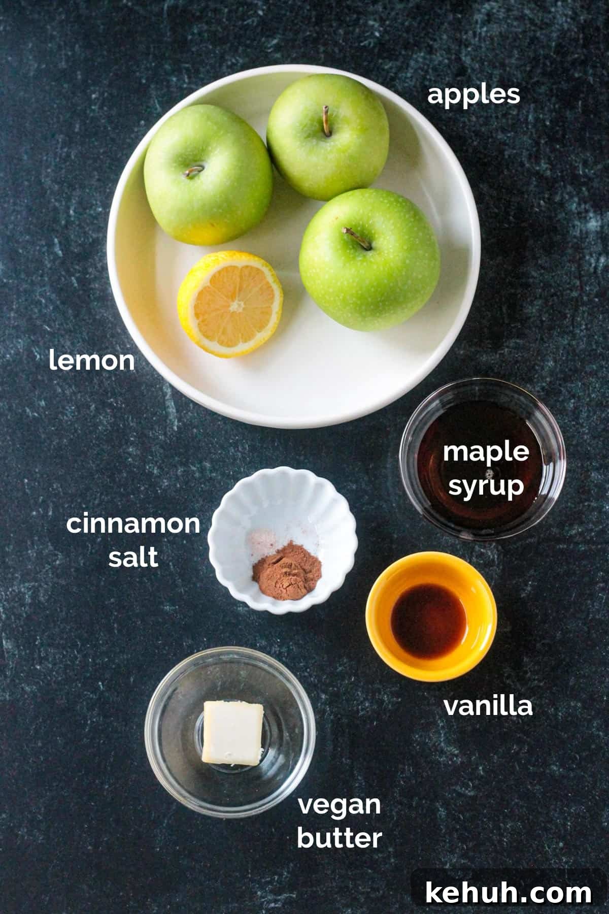 Stovetop Cinnamon Apples Recipe — Quick Comfort Dessert 3 Recipe ingredients arrayed in individual bowls.